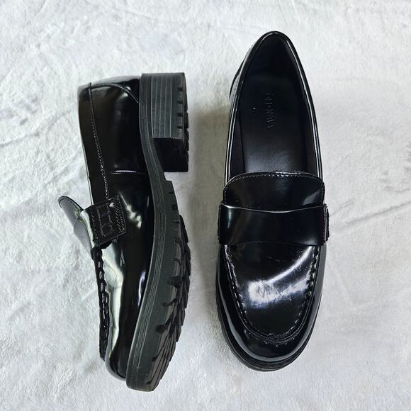 Old Navy Black Shiny Dark Academia Chunky Heel Loafers Size 9 BlackJack - Picture 1 of 9